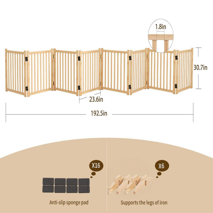 8 Panel Wooden Freestanding Dog Gate, Step Over Indoor Pet Fence For Doorways And Stairs - Natural Wood