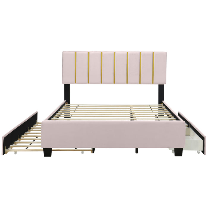 Upholstered Platform Bed With 2 Drawers And 1 Trundle, Classic Strip Headboard Design