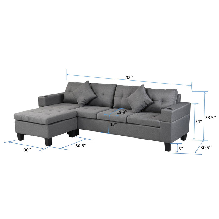 Modern Sectional Sofa Set With L Shape Chaise Lounge, Cup Holder, 4 Seat - Gray