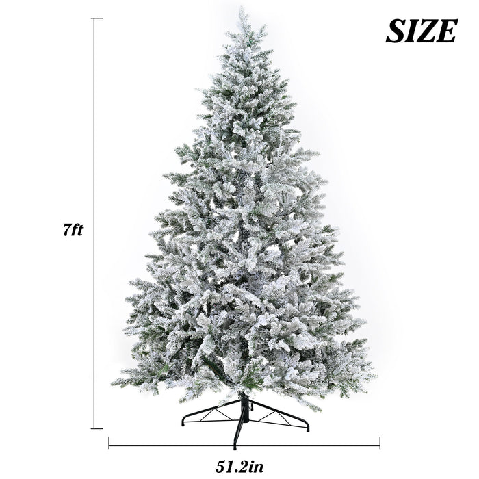 7Ft Snow Flocked Hinged Artificial Christmas Tree With Fluffy Branches And Snow Tips - White
