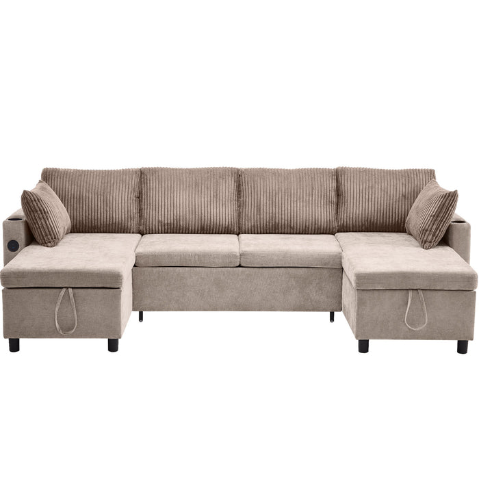 Sectional Sofa Bed With Pull Out Sleeper, USB Ports, Cup Holders