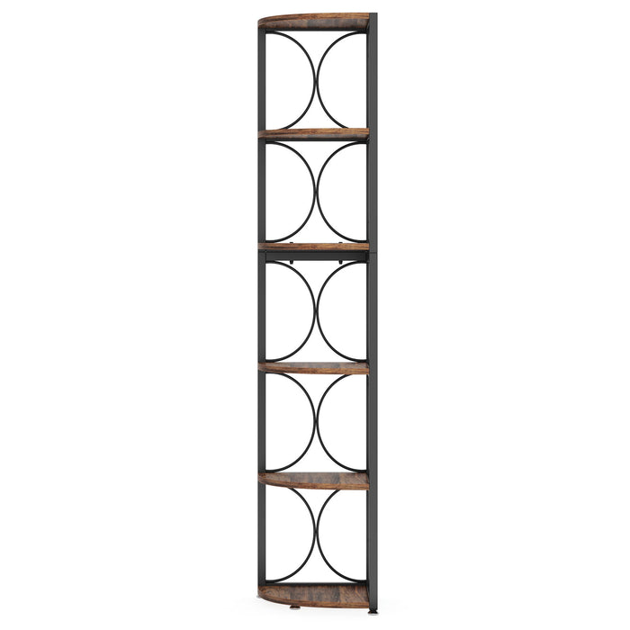 Tall 6 Tier Corner Bookshelf Storage Rack For Living Room - Rustic Brown