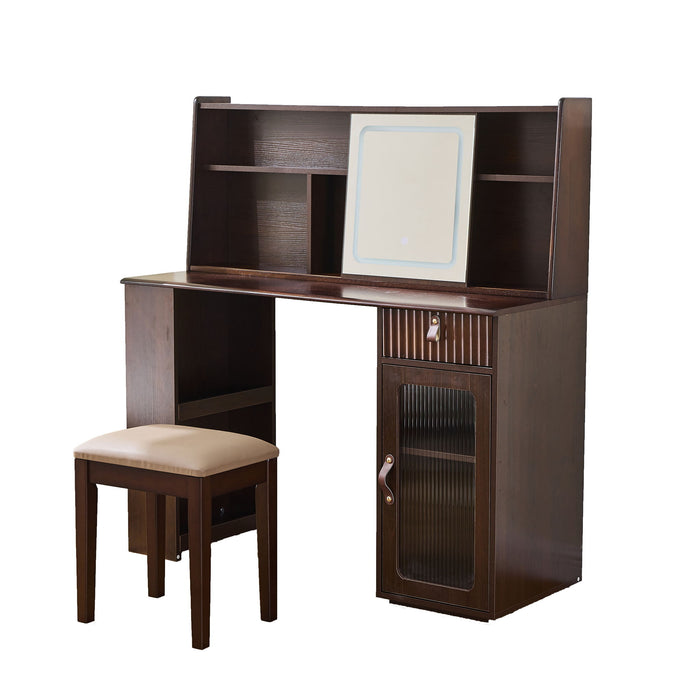 Modern Elegance Makeup Vanity Desk With Adjustable Lighted Mirror Storage Shelves Drawer And Cabinet - Walnut