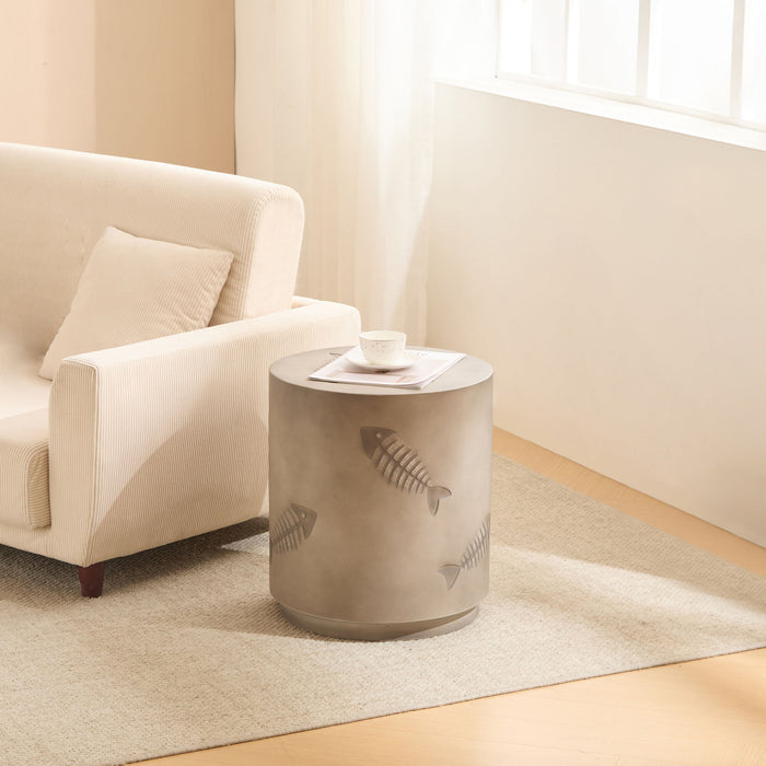 Rustic Magnesium Oxide Side Table With Fish Pattern Design - Gray
