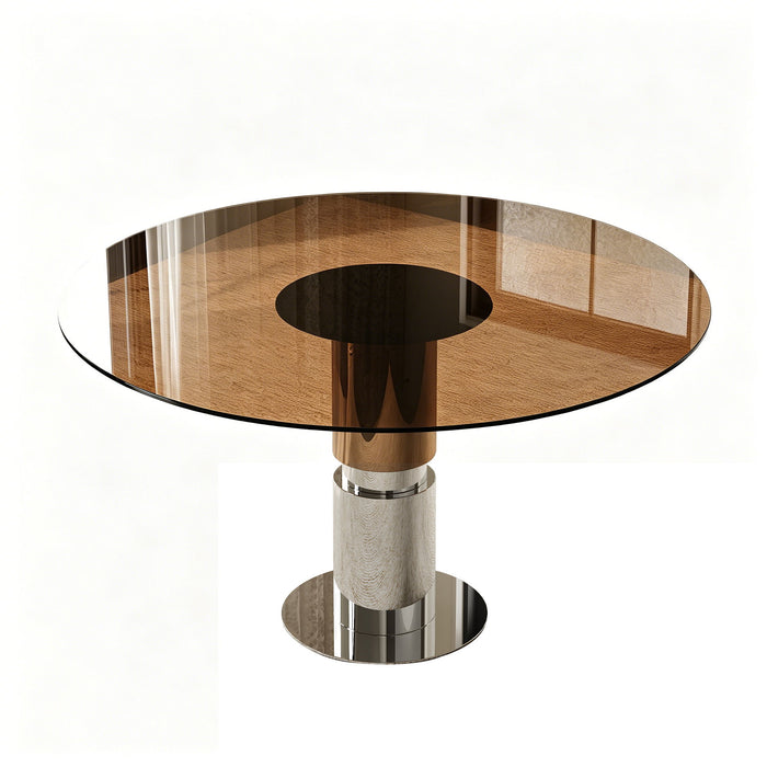 Round Dining Table / Tempered Glass Top - Brown