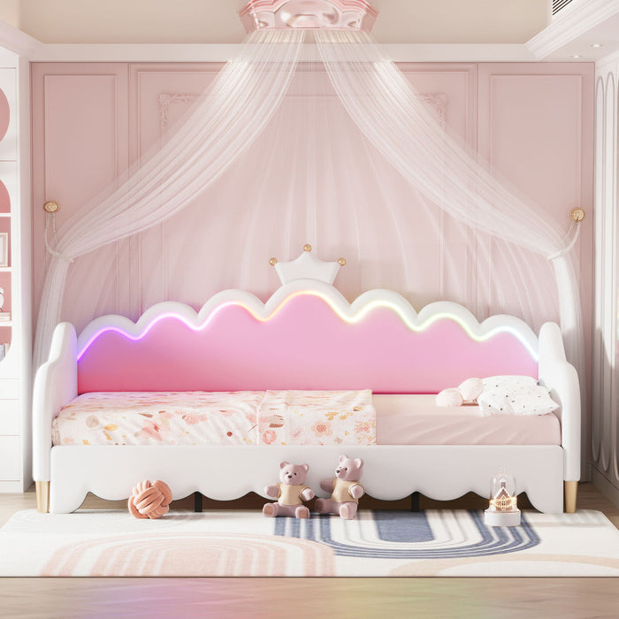 Extending Daybed With LED Lights, Modern Upholstered Princess Daybed With Crown Headboard