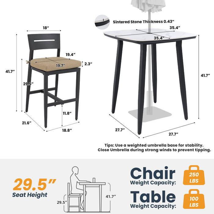 5 Pieces Outdoor Patio Bar Set, Rounded Square Table & 4 Aluminum Bar Stools