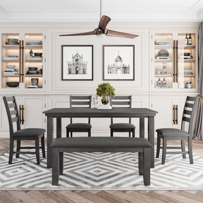 Dining Set For 6, Upholstered Chairs, Includes Table, 4 Chairs, And 2 Person Bench - Gray