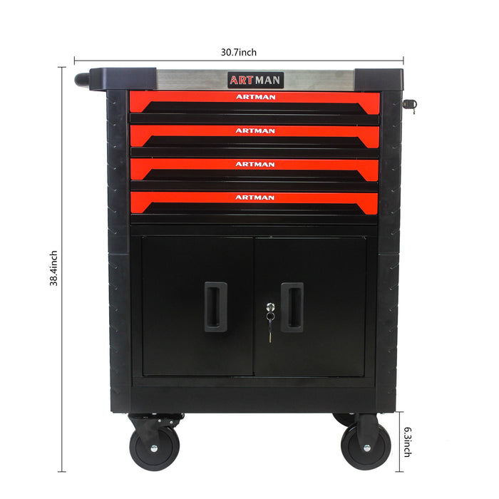 Removable 4 Drawer Metal Tool Cart With Lock - Black / Red