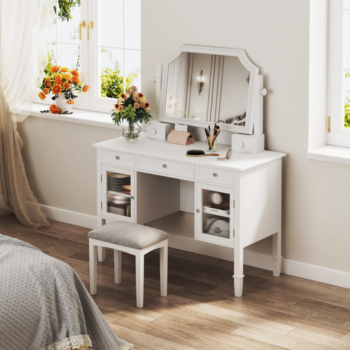 Elegant Makeup Vanity Desk With Adjustable Mirror And Storage And Construction - White