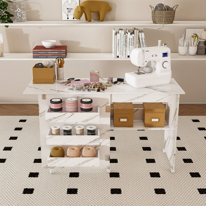 4 In 1 Folding Sewing Table With Lockable Wheels, Multi Functional Craft Station - White