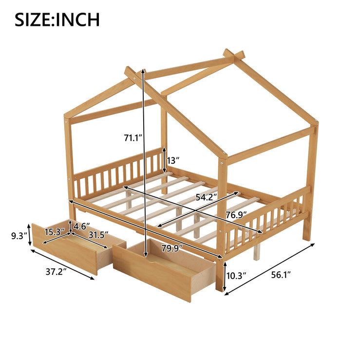 House Style Platform Bed With Headboard, Footboard, 2 Drawers, And Roof Design