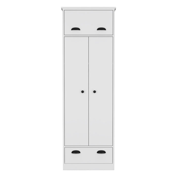 Dresser Closet With Upper Storage Covered With 1 Door, 2 Central Shelves, 1 Tube For Hanging Clothes Covered By 2 Doors, 1 Drawer At The Bottom - White