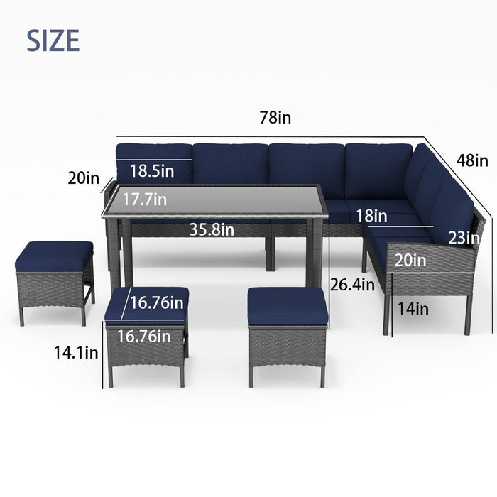 7 Piece Outdoor Furniture Set With Waterproof Cushions, Glass Table, And Space Saving Design - Blue