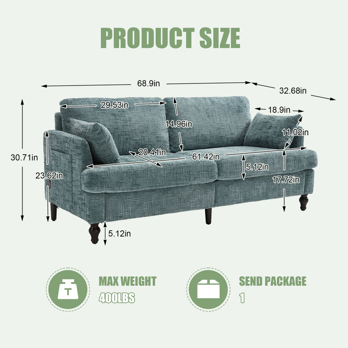 Chenille 2 Seater Sofa With LED Light, USB Charging Port, And Storage Bag