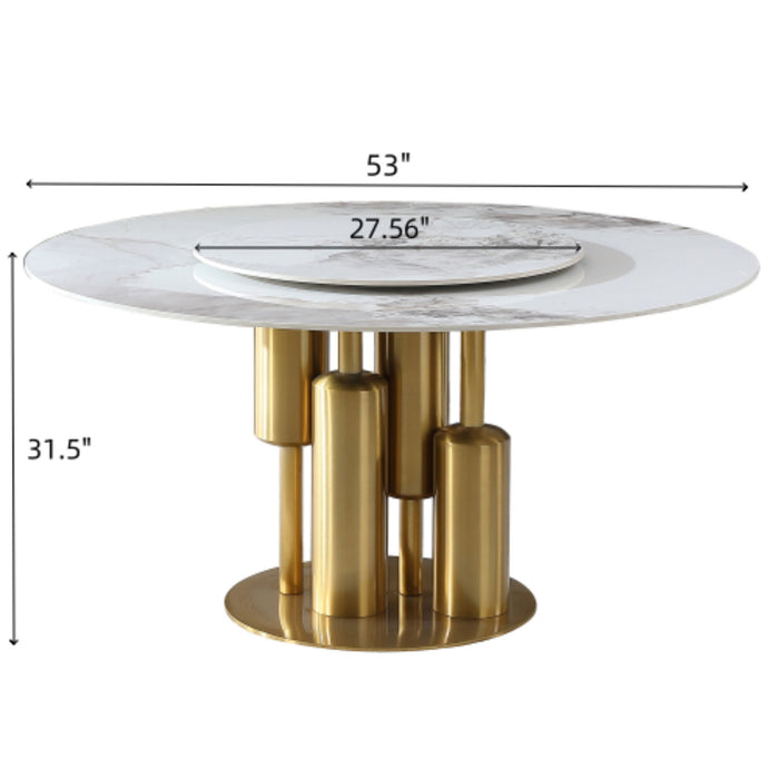 53" Round Marble Dining Table With Lazy Susan, Dining Room, Dinette (Table Only) - Gold / Gold / White