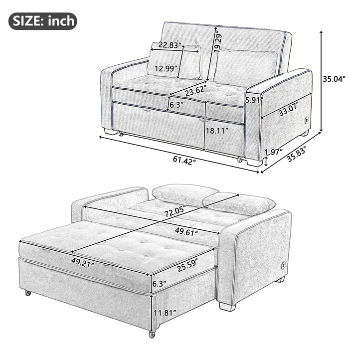 Upholstered Sleeper Bed Sofa With Dual USB Charging, Adjustable Backrest