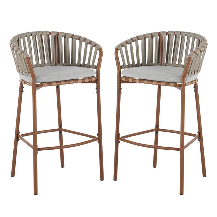 Lodi - Outdoor Matal Rope Barstool, Teak / Beige (Set of 2) - Teak / Beige