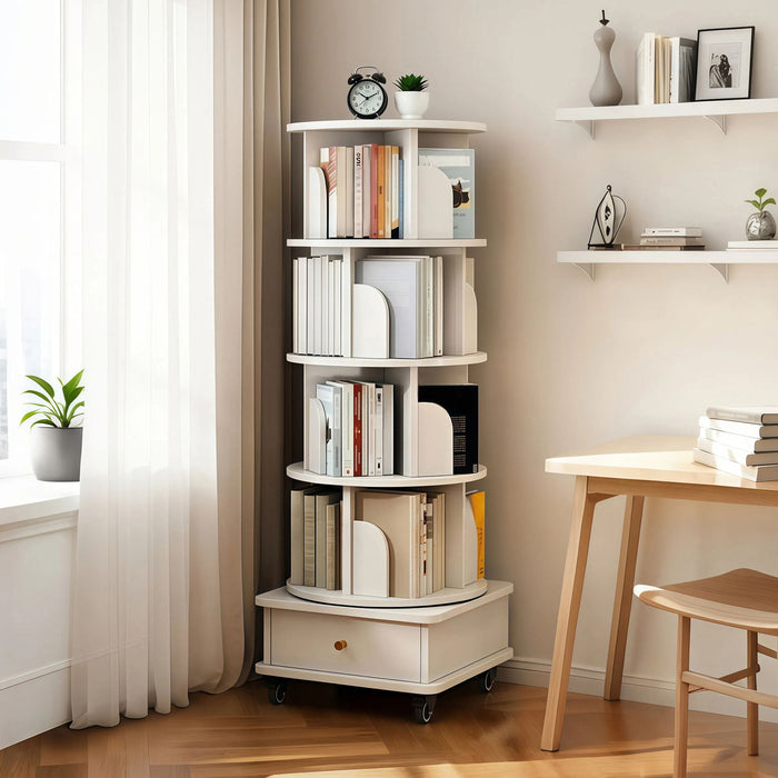 Rotating Bookshelf With Wheels And Drawer, 360° Spinning Design, Space Saving Storage