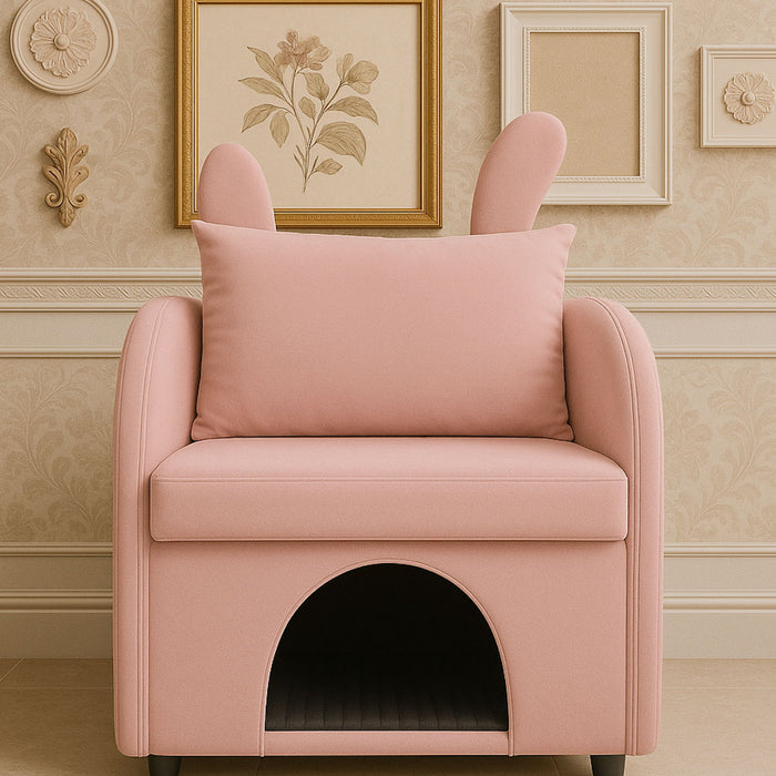 Bunny Ear Pet Friendly Armchair With Hidden Pet House With Storage Pocket For Bedroom & Living Room - Pink