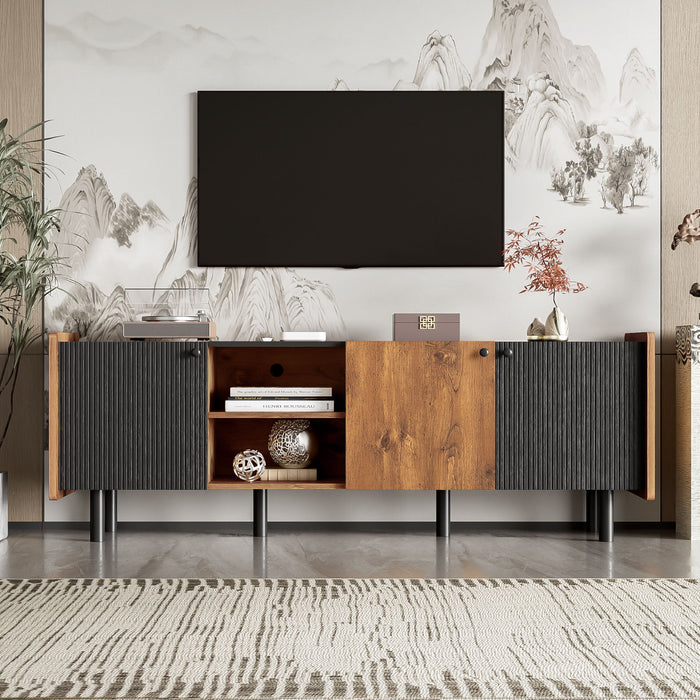 Mid Century TV Stand With 3 Cabinets, Media Console Table For Tvs Up To 70'', Entertainment Center With Storage For Living Room - Black / Brown