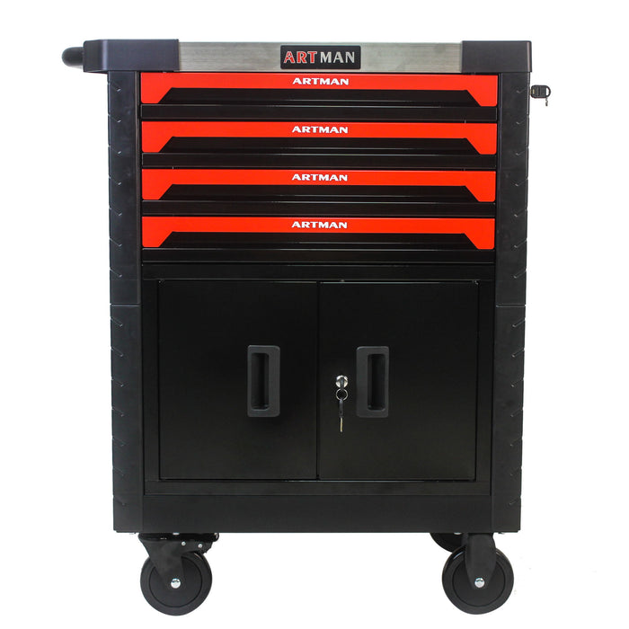Removable 4 Drawer Metal Tool Cart With Lock - Black / Red