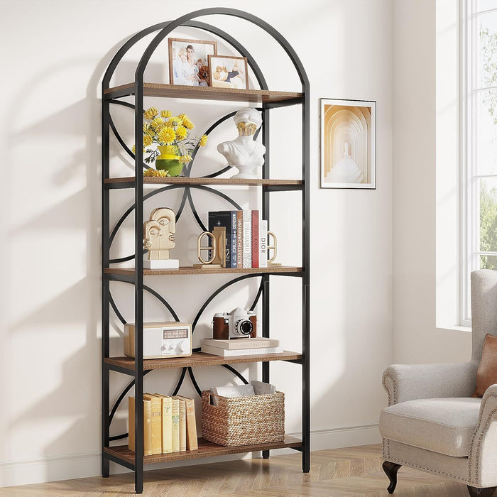 Tall 5 Tier Arched Bookshelf With Shelves For Living Room - Rustic Brown