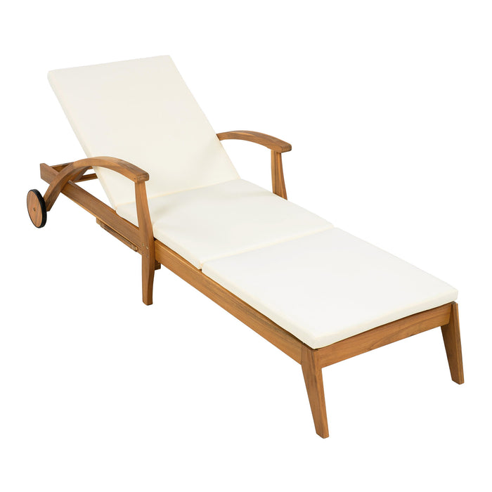 Versatile Chaise Lounge With Wheels Acacia Wood Recliner For Patio - Cream