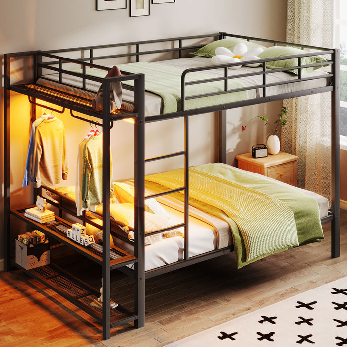 Bunk Bed With Storage Mesh Shelves, Clothes Hooks, LED Light