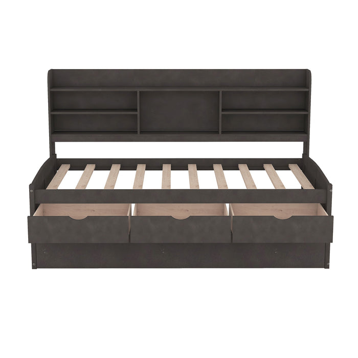 Captain Bed With Built In Bookshelves, 3 Storage Drawers, And Trundle