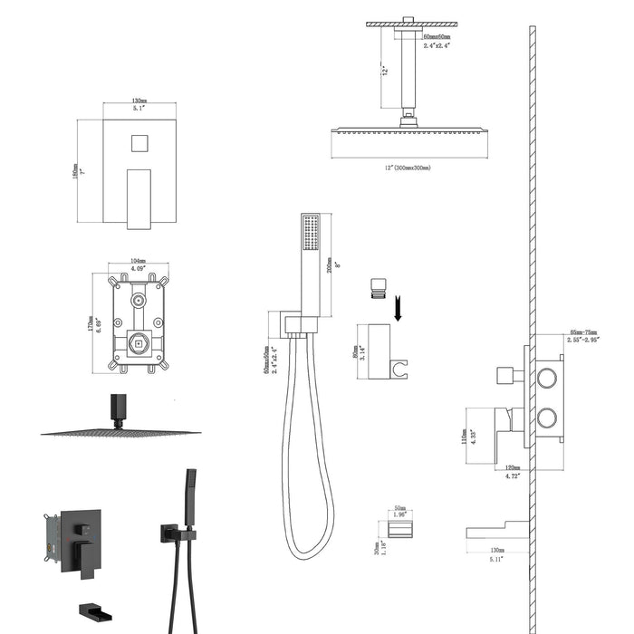 12" Ceiling Mount Square Shower System With Waterfall Tub Spout And Rough In Valve