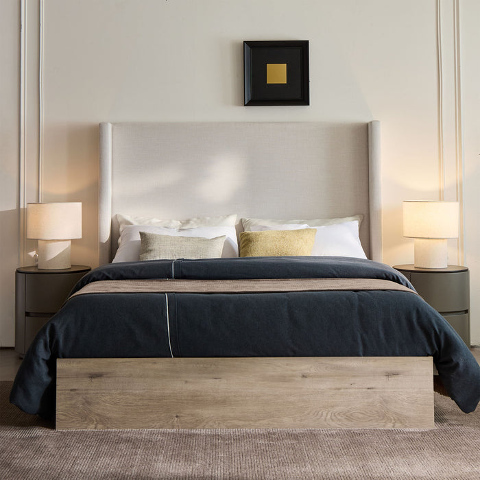 Shelton - Queen Upholstered Wingback Bed With 54" High Headboard - Ivory / Light Gray / Camel Oak