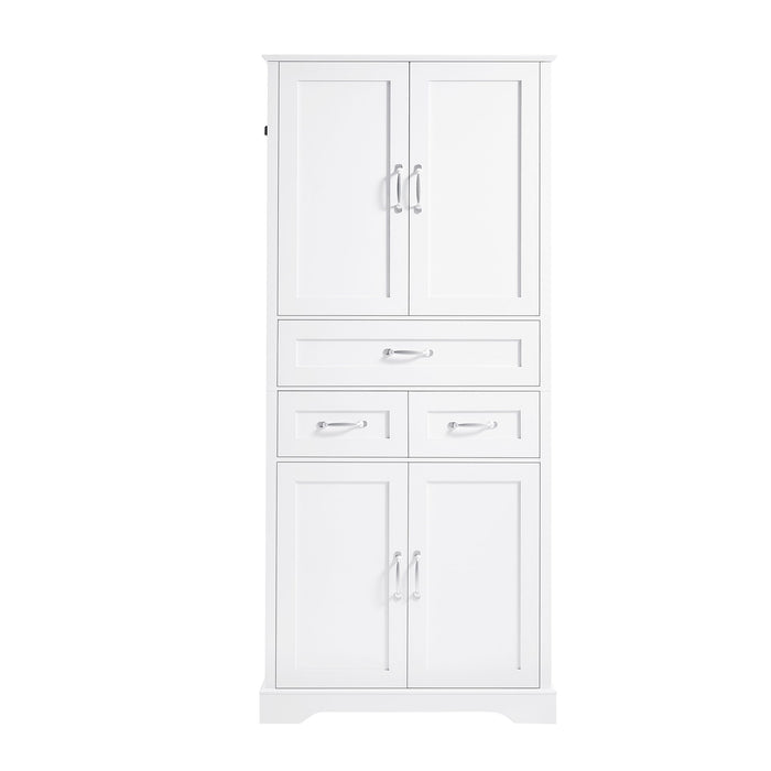 Tall Bathroom Storage Cabinet With 4 Doors 3 Drawers Adjustable Shelves - White