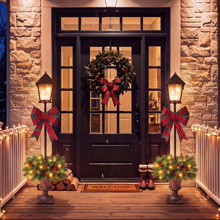 Christmas Lamp Post Decor With Plaid Bow, Artificial Outdoor Holiday Decor (Set of 2) - Brown / Bronze / Green