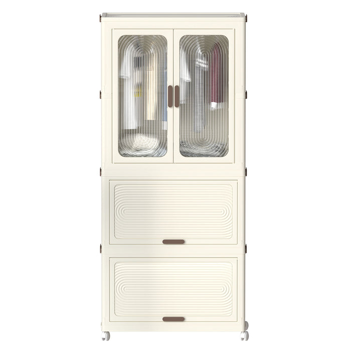 Portable Wardrobe Closet Storage Organizer With Magnetic Doors And Hanging Rod - Cream White