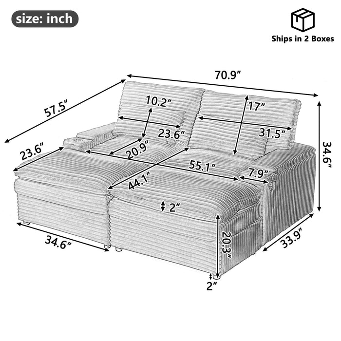 Convertible Loveseat Sofa With Storage, USB Ports, Cup Holders