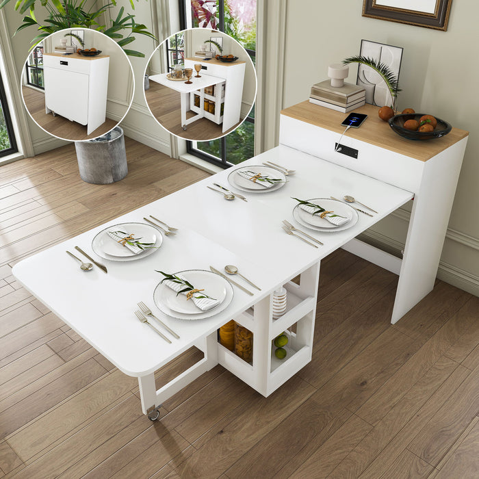 Extendable Dining Table With Power Socket, Lockable Casters, Storage Cabinet
