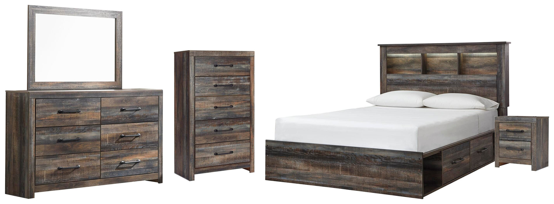 Drystan Queen Bookcase Bed with 2 Storage Drawers, Dresser, Mirror, Chest and Nightstand