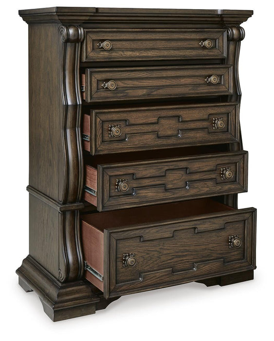 Maylee Queen Upholstered Bed, Dresser, Mirror, Chest and Nightstand