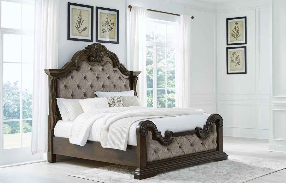 Maylee Queen Upholstered Bed with Mirrored Dresser