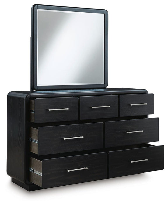 Rowanbeck California King Upholstered Panel Bed, Dresser, Mirror, Chest and Nightstand
