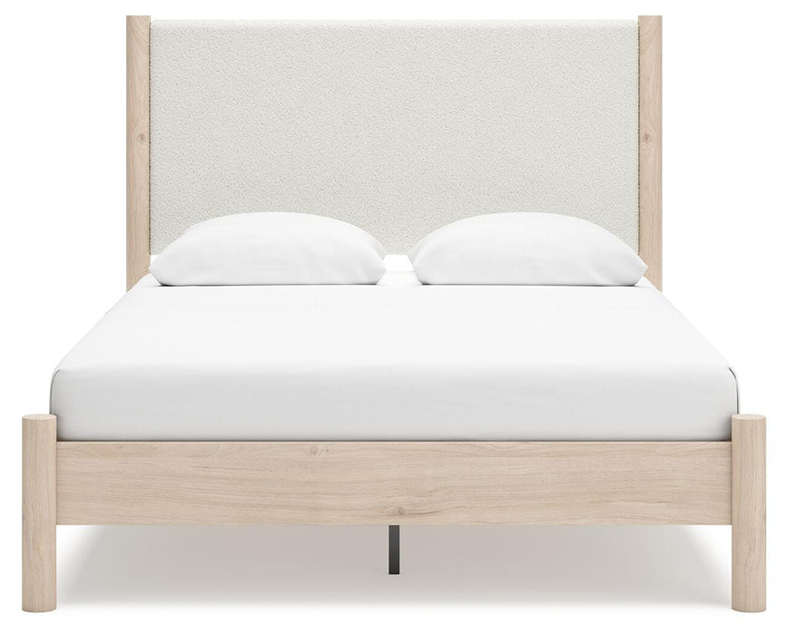 Cadmori Queen Upholstered Panel Bed with Mirrored Dresser, Chest and Nightstand