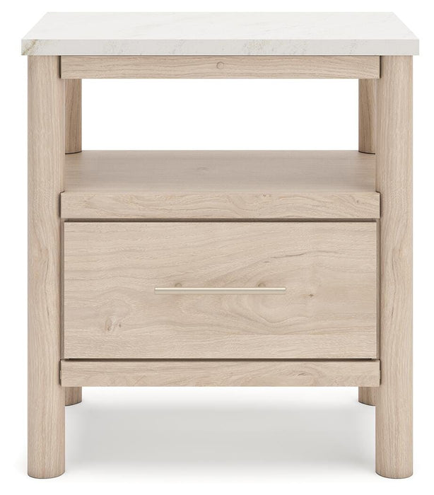 Cadmori Queen Upholstered Panel Bed with Mirrored Dresser, Chest and Nightstand