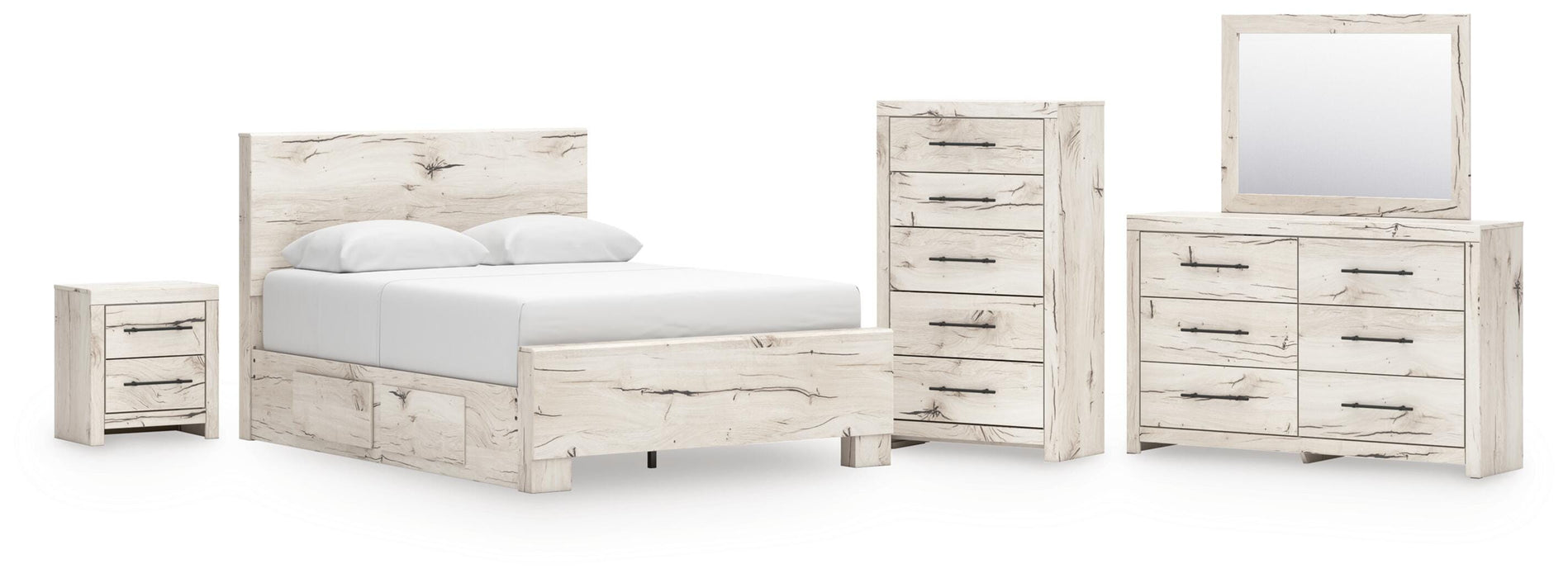 Lawroy Queen Panel Bed with Storage, Dresser, Mirror, Chest and Nightstand