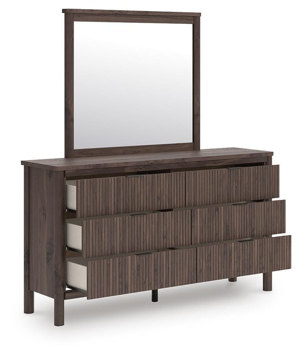 Pamytta Twin Upholstered Panel Platform Bed, Dresser and Mirror
