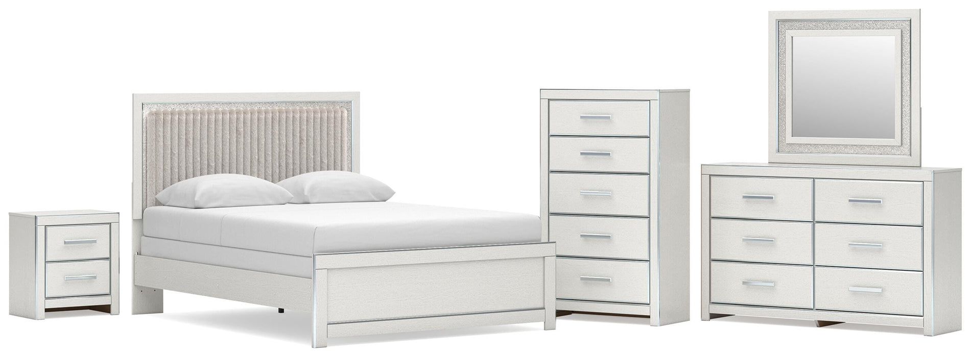 Zuraleus Queen Upholstered Panel Bed, Dresser, Mirror, Chest and Nightstand