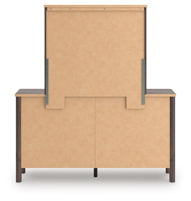 Pamytta Queen Upholstered Panel Platform Bed, Dresser and Mirror