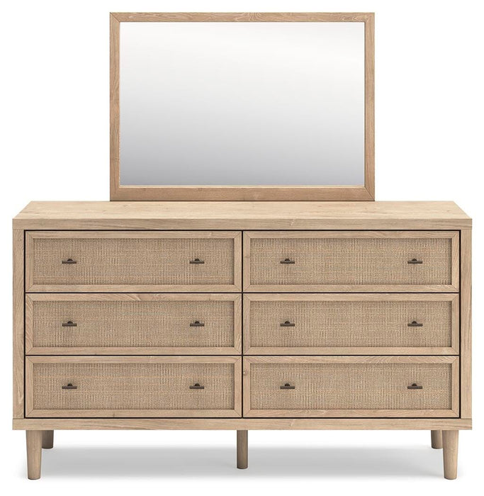 Cielden California King Upholstered Bed with Roll Slats, Dresser and Mirror