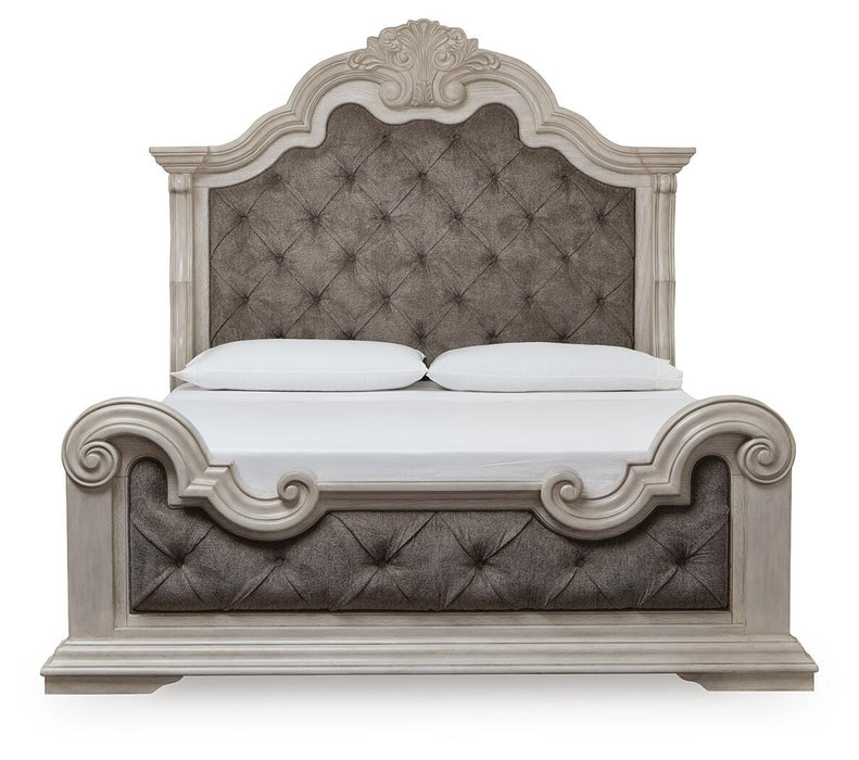 Bruchandi King Upholstered Panel Bed with Mirrored Dresser and Nightstand