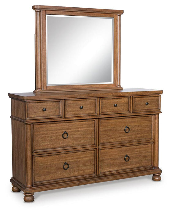 Rowlenstown Queen Poster Bed with Mirrored Dresser